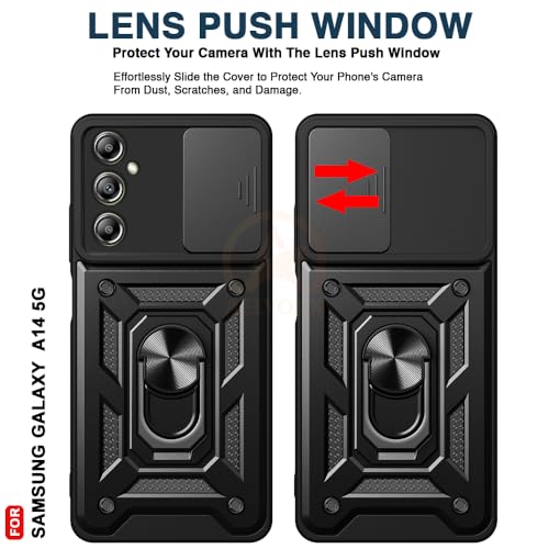 Image of Armor Bumper Back Cover Case for Samsung A14 Rotating Camera Cover, Ring Holder & Kickstand | Heavy Duty & 360 Degree Protection Samsung A14 Back Cover (Black)