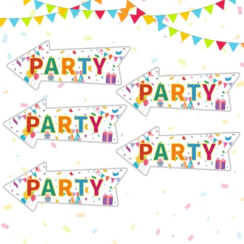 BLSUREFYX 5PCS Party Signs 14.4 x 5.6 Inches Arrows Party Yard Sign with Stakes Double Sided Weatherproof Corrugated Plastic Birthday Party This Way Sign for Outdoors Yard Colorful