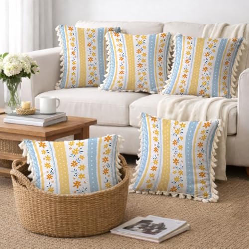 Image of STITCHNEST 'Little Meadow Series' Tassled Cushion Cover | Set of 5 | Floral Cushion Cover 16 inch x 16 inch