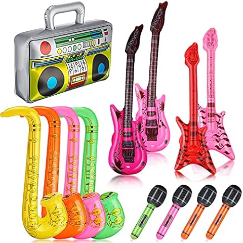 Kasyat Inflatable Rock Star Party Supplies Inflatable Instruments Set Include Inflatable Guitar Bass Saxophone Microphone Radio Balloons Inflatable Props for Birthday Party Decorations, Random Color Cover
