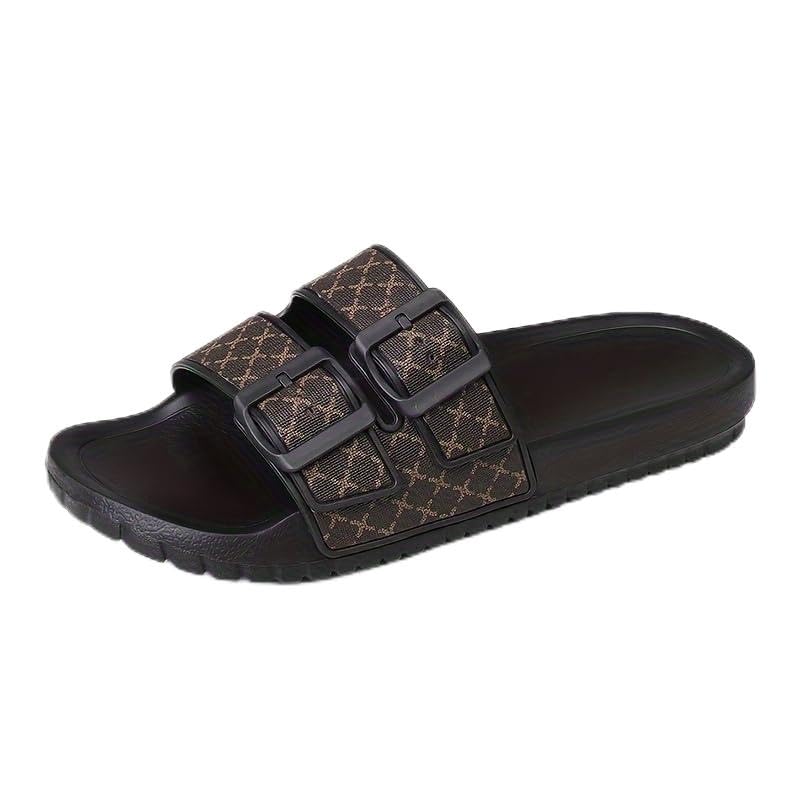 Men's Summer 2024 Open-Toe Slides - Non-Slip, Odor-Resistant with Soft EVA Sole, Casual Outdoor Flip-Flops in Black and Brown Geometric Pattern
