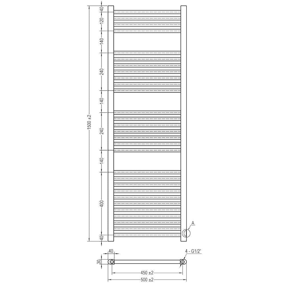 Kibath Toallero Secatoallas radiador para integrar en circuito de agua caliente, tubos de acero con acabado cromado brillo 1500x500. Válido para red de calefacción estandar