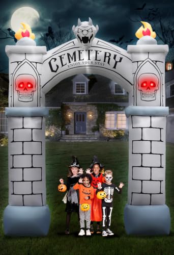 PARAYOYO 10FT Halloween Inflatables Haunted Cemetery Archway Halloween Inflatable Outdoor Decorations Built-in 9 Bright Whtie LEDs & 4 Red LEDs Blow Up Arch Graveyard Inflatable Tombstone Decoration
