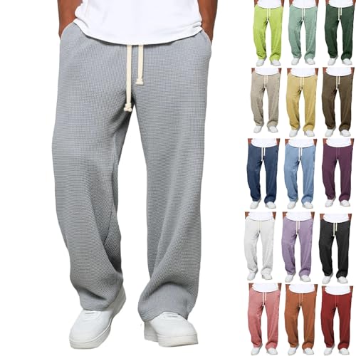 Baggy Sweatpants Men Waffle Pants Wide Leg Textured Trousers Drawstring Waist Loose Fit Breathable Hiking Sweatpants