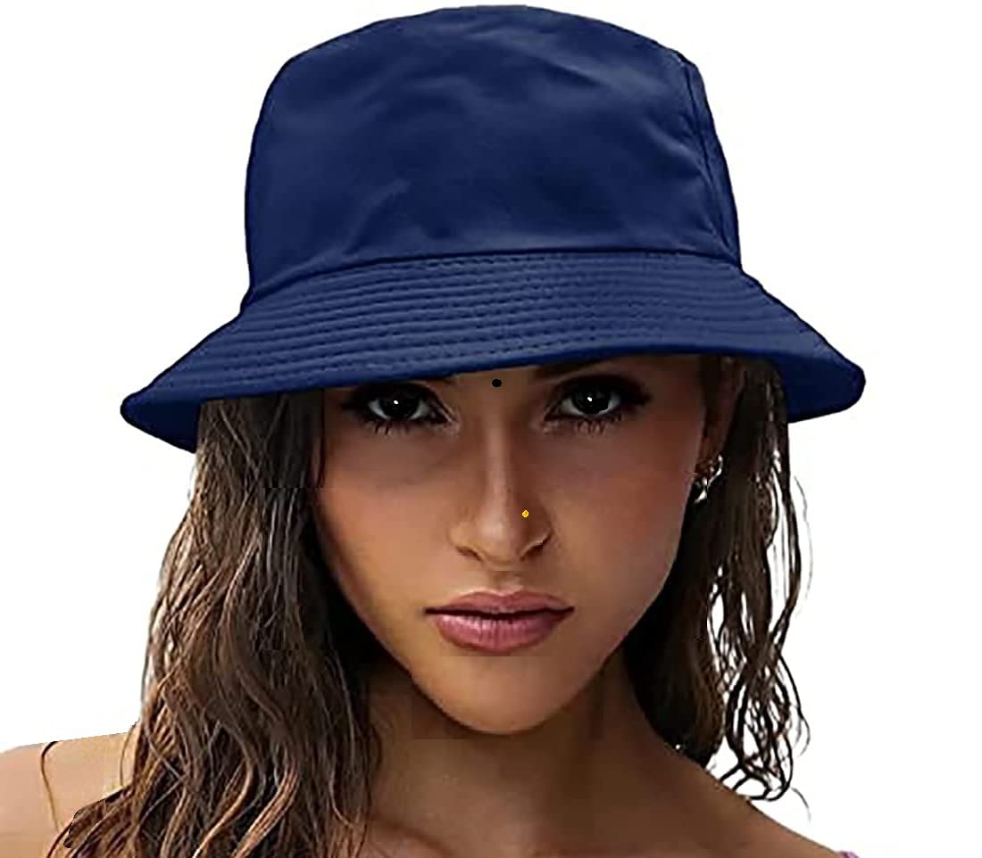 Women Bucket Hat Foldable Cotton Sun Beach Hat Fisherman Hat Casual Outdoor Cap Lovely Bomber Hats for Women Men Boy Girl, Navy Blue -Colour, Free Size-image-5