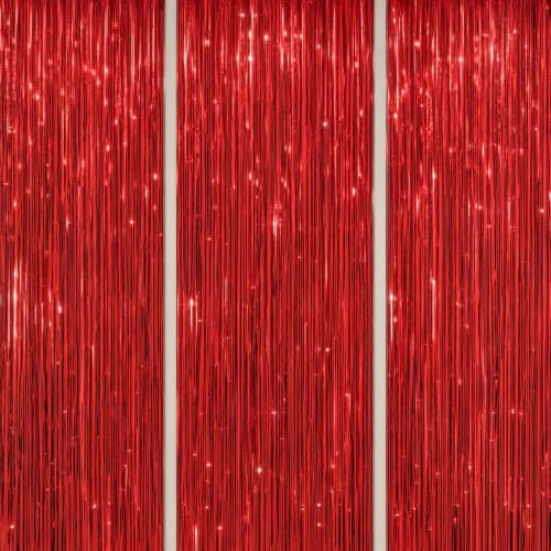 Image of DECOCKRAT 3 Pack Foil Fringe Backdrop - Red Shiny Tinsel Curtains for Party Decoration /Photo Booth Props - 3.3x8.2 FT Metallic Foil Backdrop for Birthday, Wedding, Graduation, Christmas.