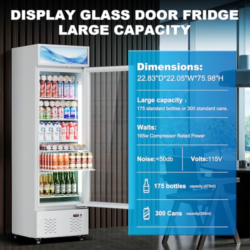 Image of 22.8'' W Commercial Beverage Refrigerator, 11 Cu.Ft Glass Door Drink Cooler with Soft Light and 5 Shelves, Display Refrigerator for Restaurant Store Cafe Bar, White