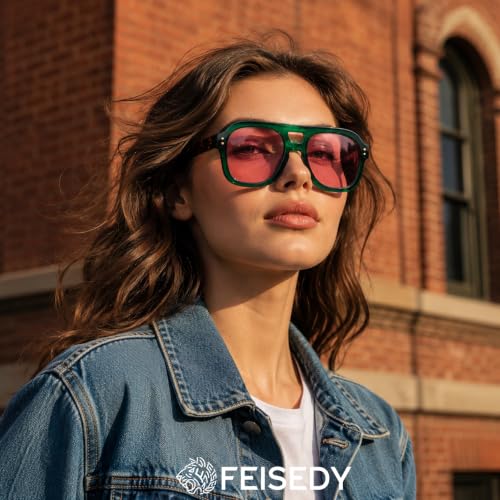 Image of FEISEDY Aviator Sunglasses For Women Men Square Chunky Trendy Eyewear B2846 | Vintage Design, Durable, UV400, Anti-glare, Climate Pledge Friendly, Protective case