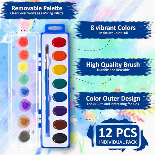 Image of 12 Pack Water Color Paint Sets for Kids - Non-Toxic 8 Color Kits