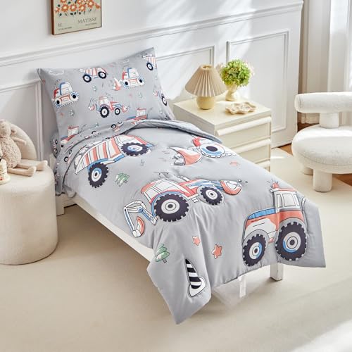 Image of Construction Toddler Bedding Set for Boys,4 Pieces Gray Toddler Comforter Set,Truck Vehicles Excavator Cars Printed,Soft Crib Bed Sheets Set Includes Comforter,Flat Sheet,Fitted Sheet and Pillowcase