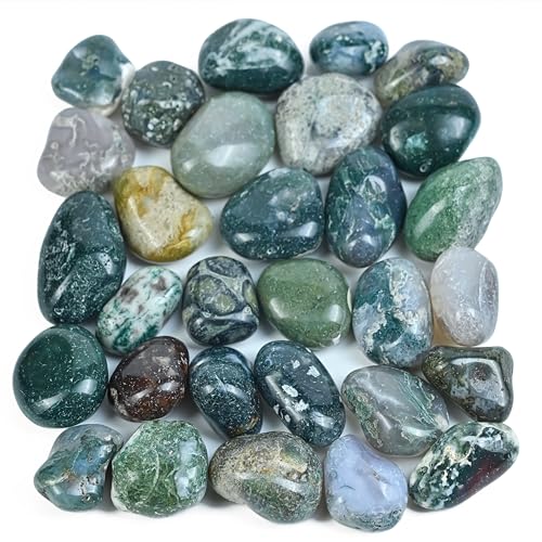 Crocon 1LB Moss Agate Tumbled Stones Set Crystals Bulk 2000+ carats Pocket Crystal Healing Gemstones Balancing Tumble Collection Palm Stone Good Luck Charm Gift Home Decor Size: 20-25