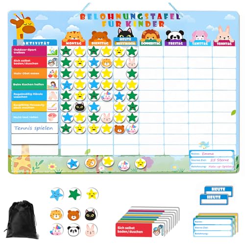 Willingood Magnetische Belohnungstafel Kinder Magnettafel mit 100 Aufgabenkarten 300 Sternmagneten 60 Tiermagneten Abwischbar Wochenplaner Montessori ADHS Hilfsmittel (Runde Ecke)
