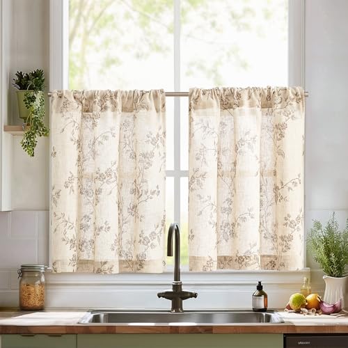 jinchan Floral Kitchen Curtains 30 Inch Linen Tier Curtains Farmhouse Cafe Half Window Drapes Over Sink Light Filtering Taupe on Beige for Living Room Laundry RV Rod Pocket 2 Panels