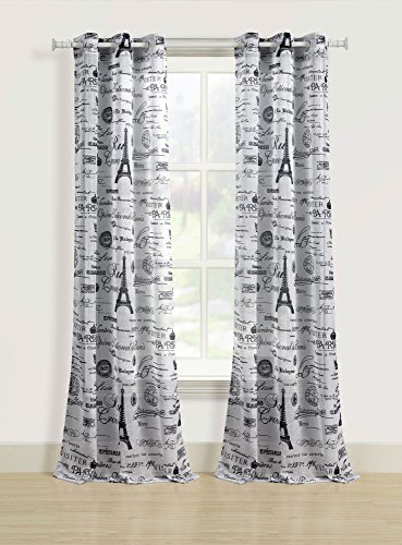 2 Sheer Window Curtains Black White Paris Eiffel Tower Grommet Panel Pair Drapes 84-in.
