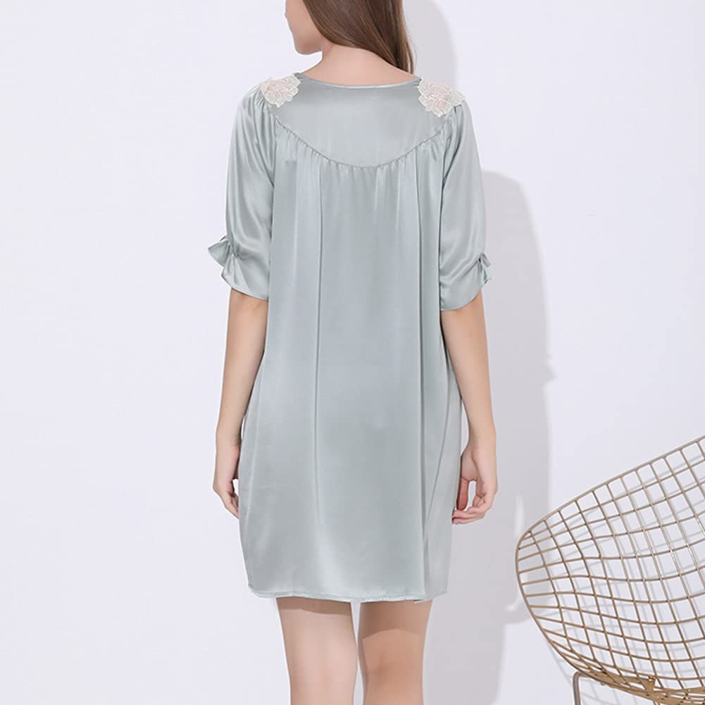 Valin Mujeres encaje 100% seda pijama vestido de noche camisón manga corta 19 Momme seda pyjama,S5685, verde, 38