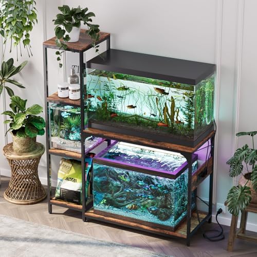Image of VOWNER 20-29 Gallon Fish Tank Stand with Power Outlet, Wood Aquarium Stand with Shelves for Fish Tank Accessories Storage, Heavy Duty Metal Frame, Turtle Reptile Terrarium Stand, Load 500lb, Brown