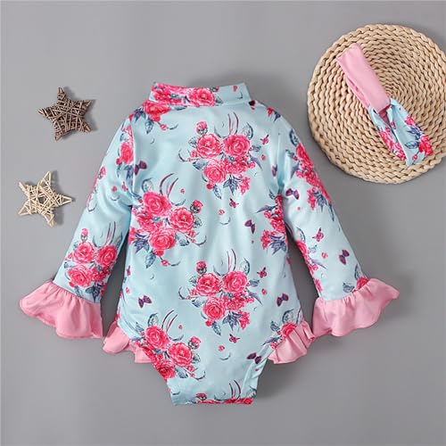 Toddler Girls Swimsuit One 𝗣iece Floral Ruffle Bathing Suits with Towel Ruffle Long Sleeve Rash Guard Zipper Swimwear4