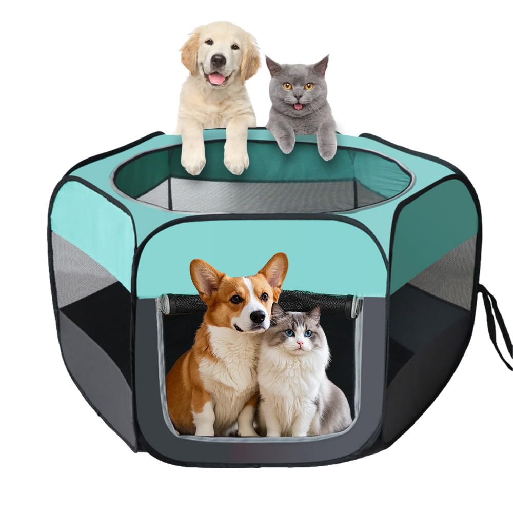 Valla Portátil para Mascotas, 110x110x60 cm Parque Plegable para Mascotas, Parque para Cachorros y Gatos, Productos para Perros Playpen con Cubierta de Red, para Animales Pequeños (Azul Menta)