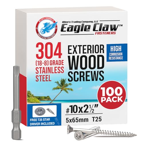 Image of #10 x 2 1 /2 Inch Stainless Steel Deck Screws | 304 Grade (100 Pack) | Flat Head T25 Star Torx Drive | Stainless Steel Screws by Eagle Claw Fasteners | Corrosion & Rust Resistant (Includes Driver Bit)