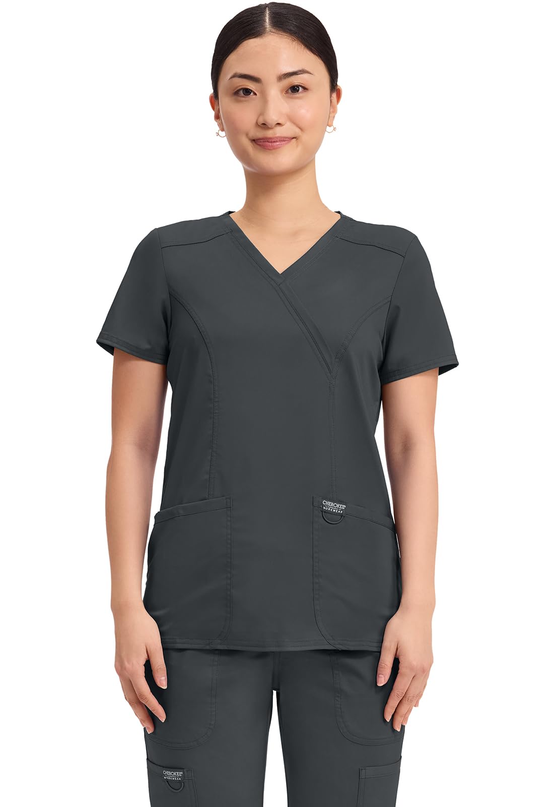 Cherokee Women - Woman Scrub Top Revolution - Medical Clothing - Mock Wrap - with Pockets - WWE610 - Black - L