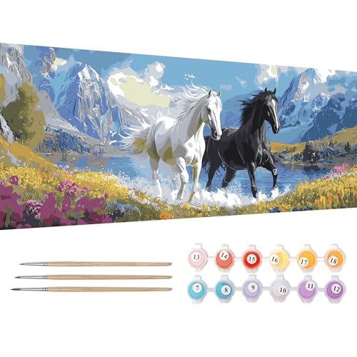 Reofrey Pintura por números adultos grande XXL caballo – DIY pintado a mano kits de pintura al óleo animales, lienzo 30 x 80 cm, con pincel y pintura acrílica (sin marco) – Pintura por números para