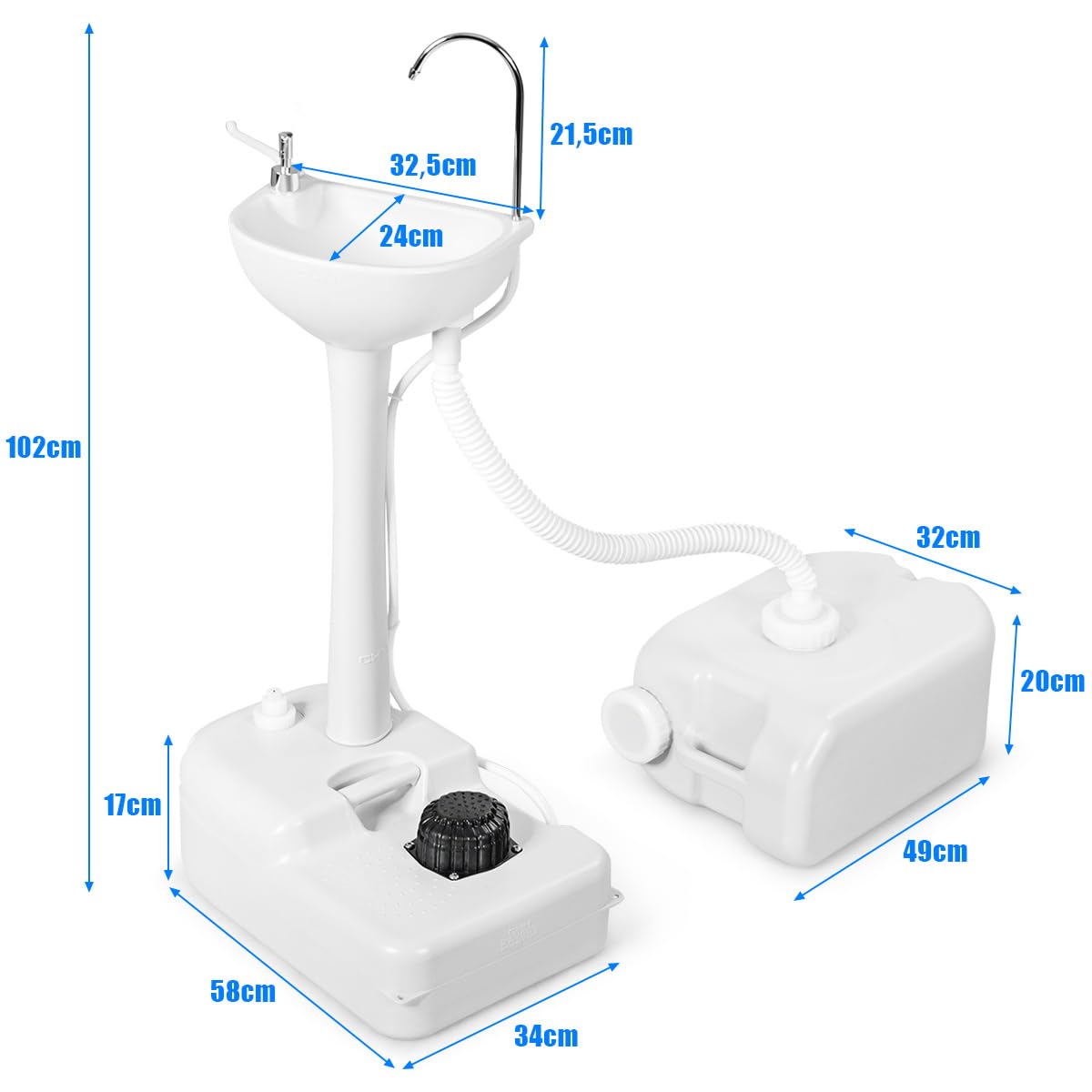 COSTWAY Lavandino da Campeggio con Pompa a Pedale, Lavandino Portatile con Serbatoio d'Acqua da 17L, Dispenser Sapone, Portasciugamani e Ruote (58 x34 x 102cm)