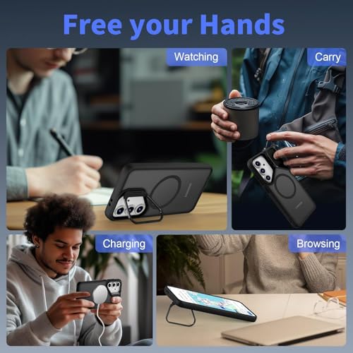 Image of DIZORO Polycarbonate Samsung Galaxy S24 FE Case Compatible with Mag Safe & Wireless Charging,with Camera Stand,Military Grade Drop Tested,Translucent Hard Back Soft Edge Back Cover(Camera Stand Black)