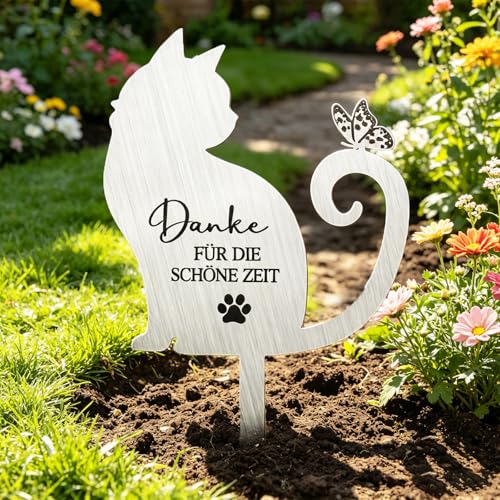 Grabschmuck Wetterfest für Katze Tiere, Grabstein Katze für Draußen, Tiergrabstein, Gedenktafel für Grab, Grabstecker Metall mit Spruch, Grabdekoration Grabgesteck Friedhof Grabdeko für Haustier