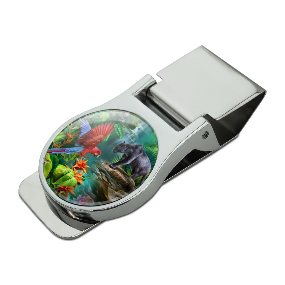 Scarlet Macaw and Jaguar Satin Chrome Plated Metal Money Clip