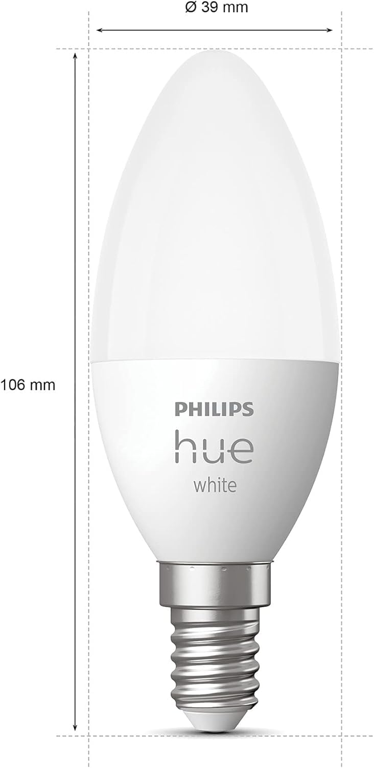Philips Hue - Bombilla LED Inteligente, B39 E14, Luz Blanca Cálida Regulable, 5.5W 470 Lumens, Compatible con Alexa y Google Home - Pack de 2 Bombillas LED Inteligentes
