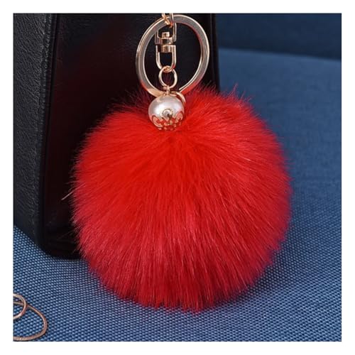 Wisafory Schlüsselanhänger Pom Pom mit Gold Perle Flauschigen Kunstfell Schlüsselbund Taschenanhänger Taschen Koffer Rucksäcke Zubehör Schlüsselring Handy Charme für Frauen Großes Rot