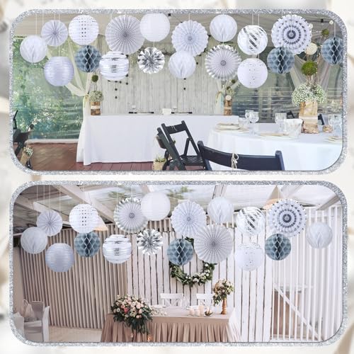 Image of Retisee 18 Pcs Metallic Silver Party Decorations Kit Hanging Metallic Silver Paper Lanterns Paper Fans Honeycomb Balls for Birthday Anniversary Celebration Wedding Graduation Decoration Supplies