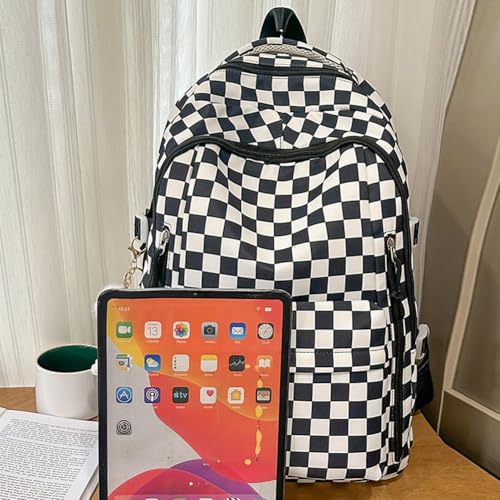 Checkered Backpack with Kawaii Pendant for Women, Checkerboard Aesthetic Bookbag for Teens, Nylon Rucksack, Daypack Bag3
