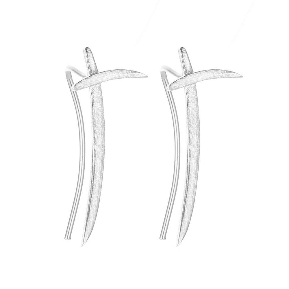 Katana Knift Simple Ear Climber Crawler Moon Cuffs Wrap Earrings for Women Girls Men 925 Sterling Silver Minimalist Long Wave Curved Bar Studs Pierced