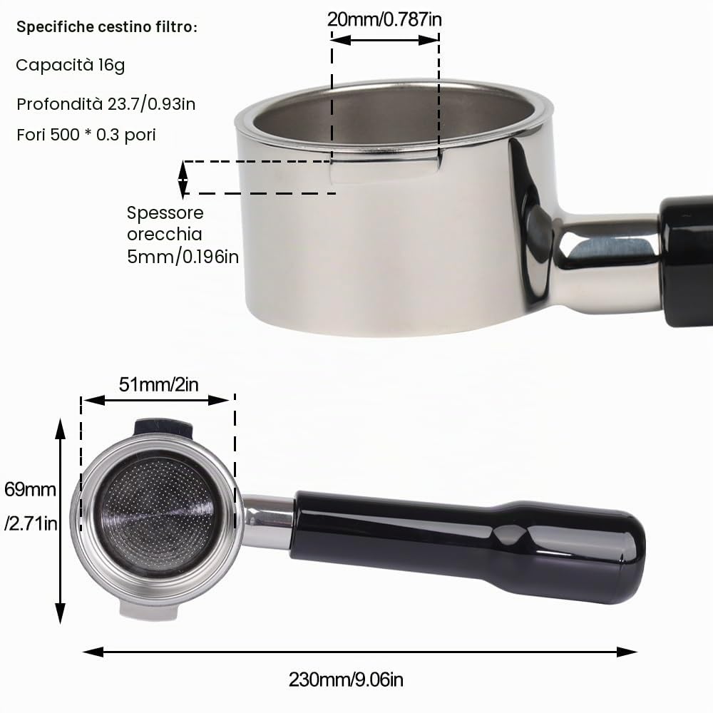 Portafiltro senza fondo da 51mm con 2 orecchie per Delonghi ECP31.21 ECP33.21 ECP35.31 ECOV311, con cestello filtro di ricambio in acciaio inossidabile