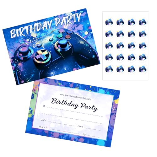 Gaming Birthday Party Invitations for Kids Video Gamer Theme Cards Double-Sided 20 Pack with Stickers Childrens Bday Invites for Kids Boys & Girls School Activities 10 * 15cm Size