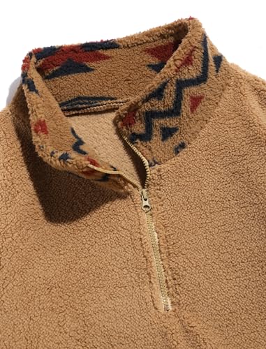Image of ZAFUL Men 1 /4 Zipper Ethnic Aztec Fleece Unisex Winter Sweatshirt Tops 2026 | Funnel Neck Fluffy Polar Fleece Faux Sherpa Soft Thermal Pullover Kangaroo Pocket Jacket Hoodie Tops