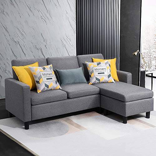Walsunny Convertible Sectional Sofa Couch with Reversible Chaise, L-Shaped Couch with Modern Linen Fabric for Small Space (Dark Grey)
