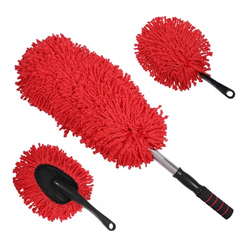IPELY 3 Pack Large Red Microfiber Car Duster Exterior Scratch Free with Extendable Car Duster Interior Multipurpose dust Cleaning