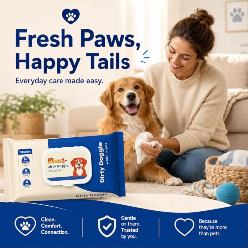 Image of Nootie Dirty Doggie Anti-Bacterial Grooming Wet Wipes for Dogs & Cats - 100 x 4 (15 x 20cm) | Apple Scent Dry Bath, Paw, Ear & Body Cleaning | Alcohol Free Anti-Itch Daily Grooming | All Pet Breeds