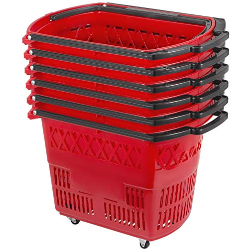 Mophorn 6PCS Shopping Carts, Plastic Rolling Shopping Basket with Wheels, Red Shopping Baskets with Handles, Portable Shopping Basket Set for Retail Store