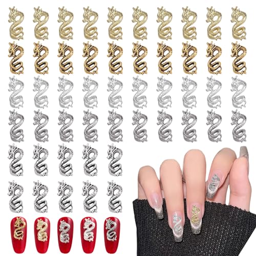 ネイルパーツ ドラゴン 中国風 50個入り 3D立体 合金 中国の黄道帯 ドラゴン ロングネイル用 新年 メタル 龍 ネイル アクセサリー ゴールド シルバー ジュエリーパーツ ネイルアート ハンドメイド デコパーツ (B)