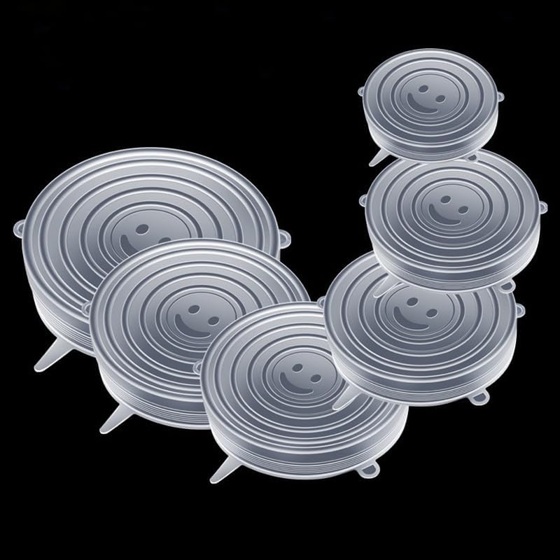 Juego de tapas elásticas de silicona reutilizable, 6 tamaños (2.4 a 7.1 pulgadas), transparente, sin BPA, herméticas para salvar alimentos, cuencos,