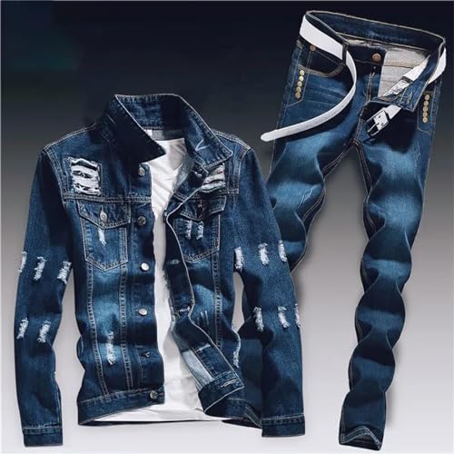 Mens Spring Denim Two Piece Set Vintage Long Sleeve Hole Ripped Slim Fit Jacket Jeans Suit Cargo Sets2