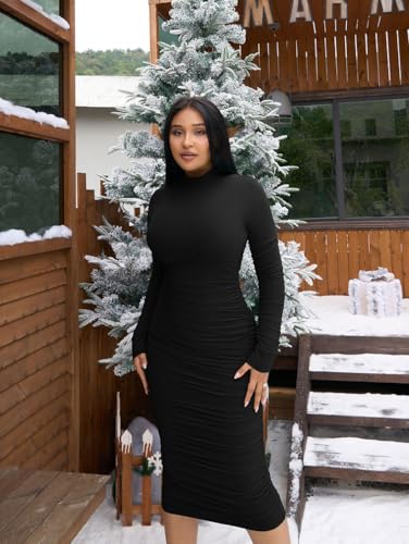 LAGSHIAN Women's Cocktail Bodycon Long Sleeve Mock Neck Mesh Ruched Midi Party Dress2