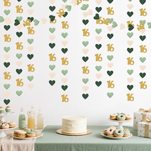 Image of Sage Green Gold 16th Birthday Decorations Sage Green Gold Heart Garland Streamer Banner Backdrop for Girls Happy 16th Birthday Sweet 16 Decorations Cheers to 16 Years Old Anniversary Party Supplies