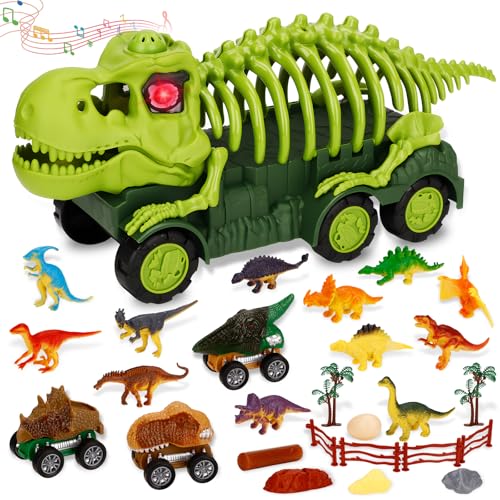 TAVADA Dinosaurios Juguetes,Camión Transportador de Dinosaurios con Sonidos y Luces,Camion Transportador de Coches,Dino Juego de Coches,Juguete de Camión de Dinosaurio Regalo para Cumpleaños Navidad