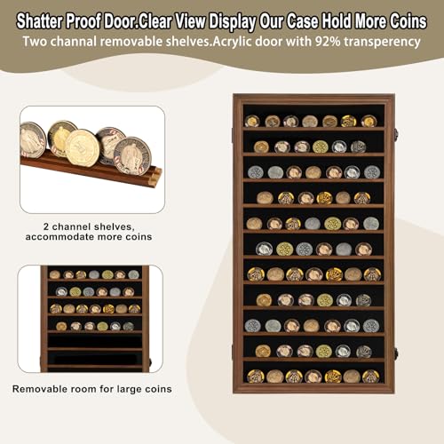 Image of Jinchuan Military Challenge Coin Display Case Lockable Cabinet Rack Shadow Box with Removable 2 Grooves Shelves and Anti Fade Acrylic Glass for Casino Poker Chips Collectibles, Extra Large - Walnut