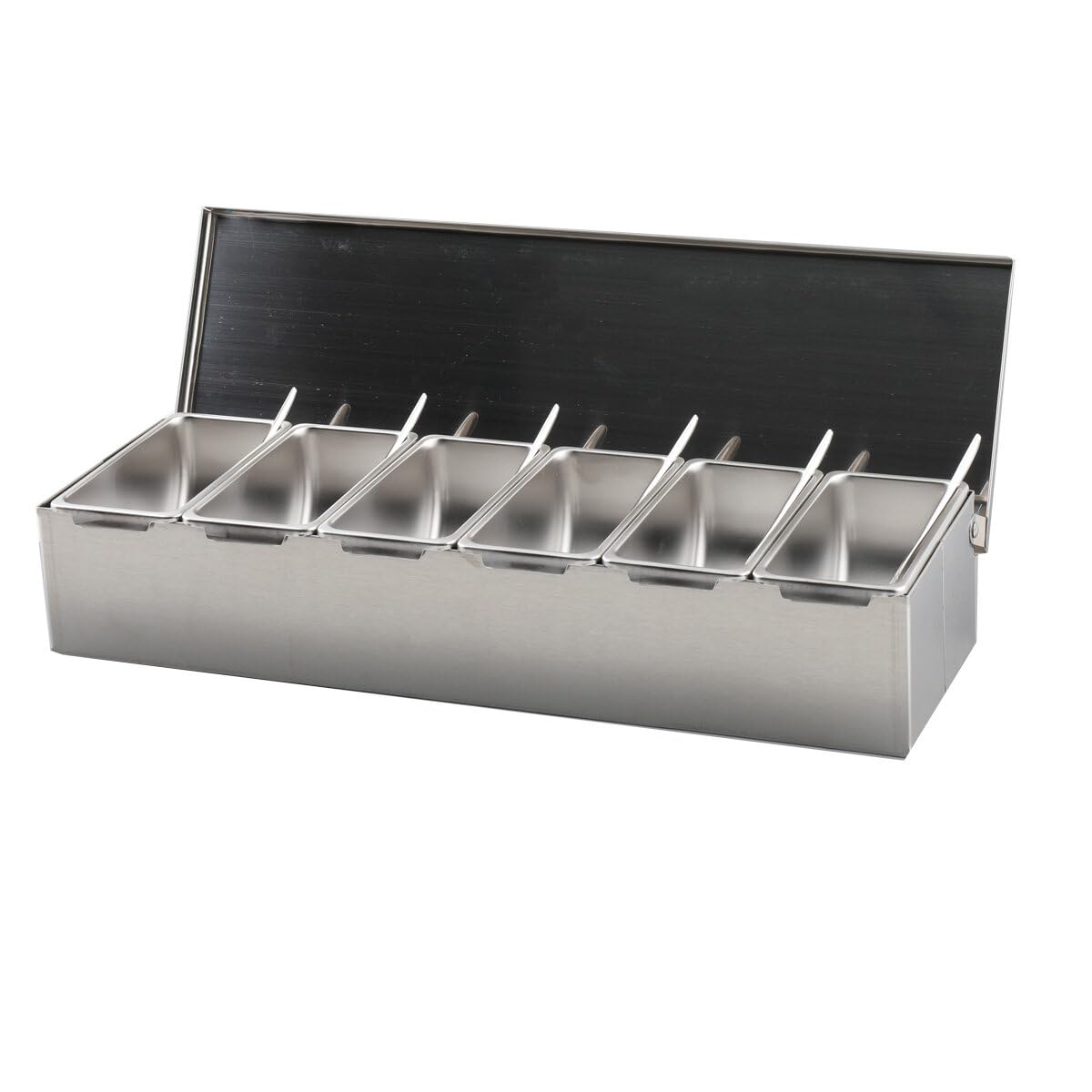 Portacondimenti, Set di 6 Condimento Box Spezia Jar, Sei Scatola di Condimento in Acciaio Inox Estraibili con Coperchio e 6 cucchiai per spezie, sale e zucchero, condimenti, 46x 15cm