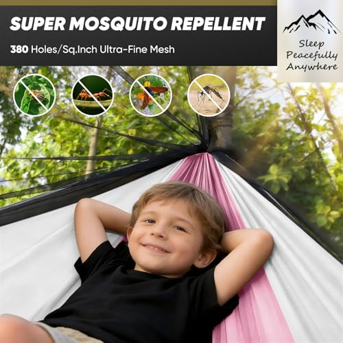 Image of Small Camping Hammock with Mosquito Net, 450 lbs Portable Hammock with Tree Straps, 2-in-1 Double /Single Travel Hammocks, Hammock for Outside /Indoor /Backpacking /Beach - Pink & White